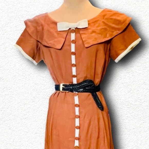1940s Two Tone Linen Dress, Handmade A-Line, Orange, Cream, Vtg Academia, Sm - Picture 4 of 14